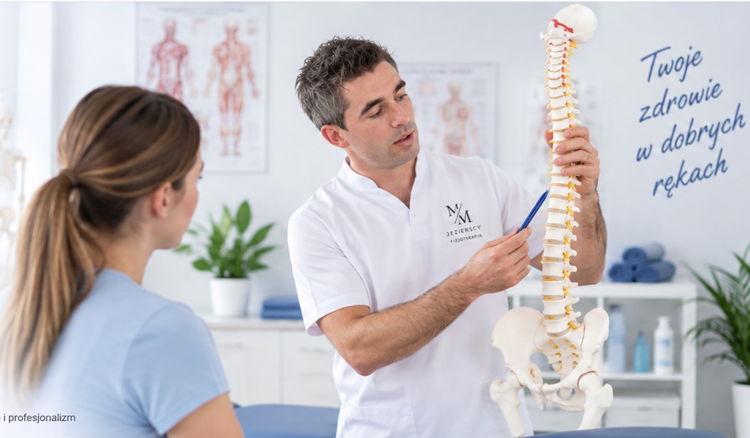 Fizjoterapeuta pokazujący pacjentce model kręgosłupa